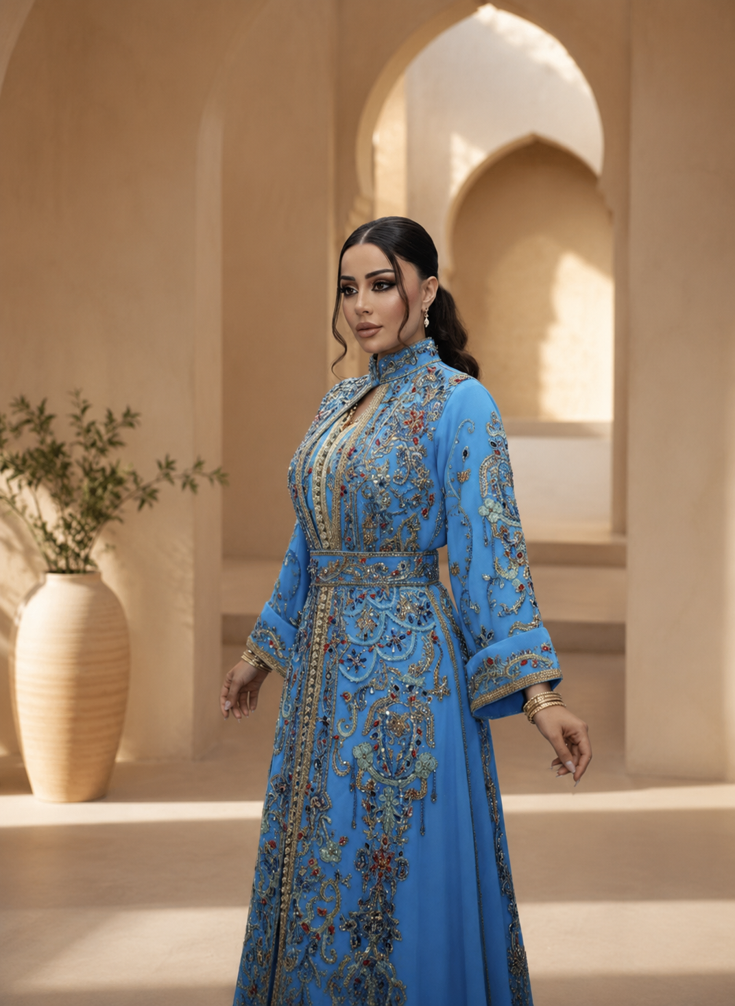 Turquoise Crepe Moroccan Kaftan Gold Embroidery | Luxury Wedding Guest Dress | Custom Arabic Caftan
