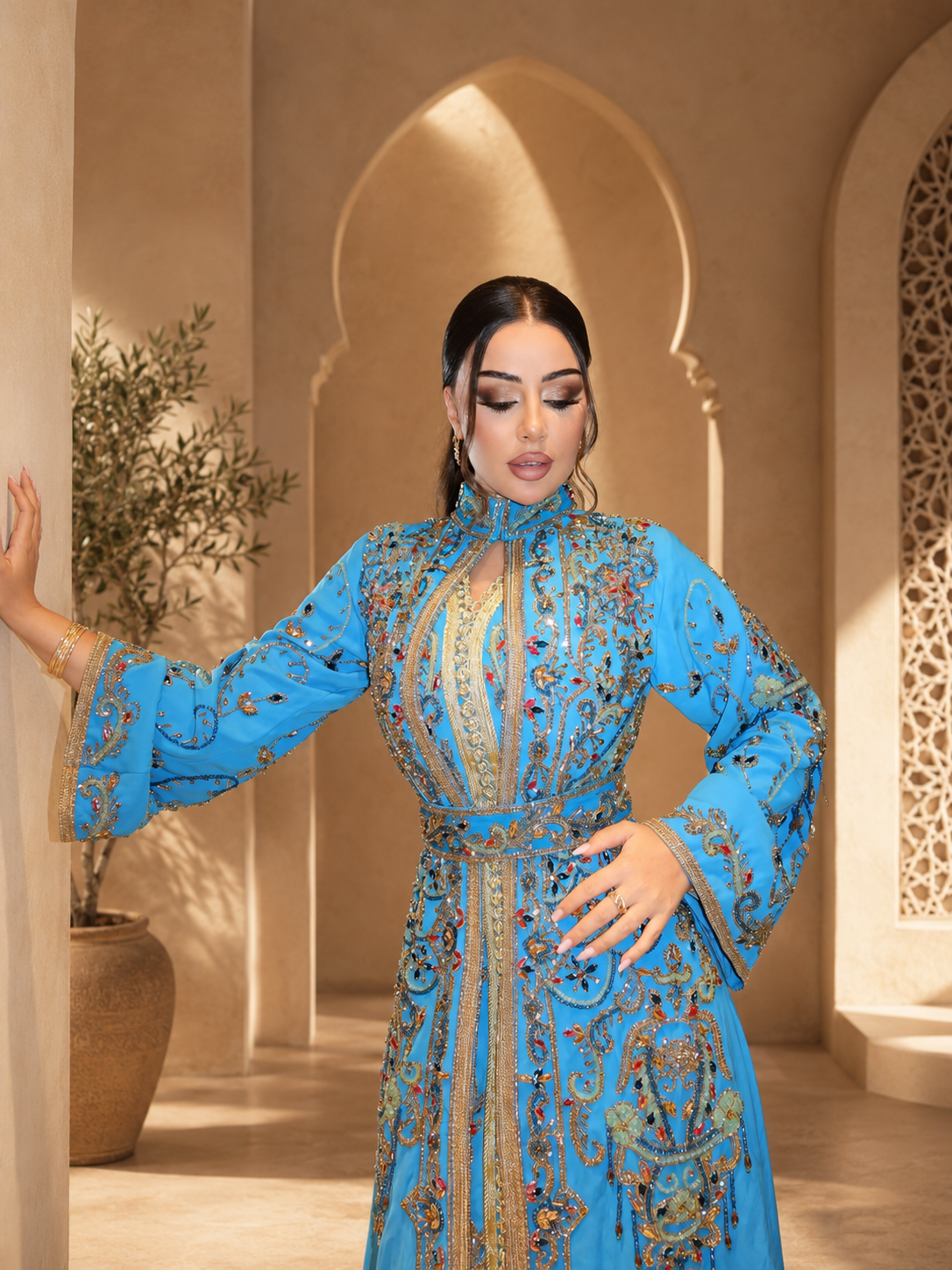 Turquoise Crepe Moroccan Kaftan Gold Embroidery | Luxury Wedding Guest Dress | Custom Arabic Caftan