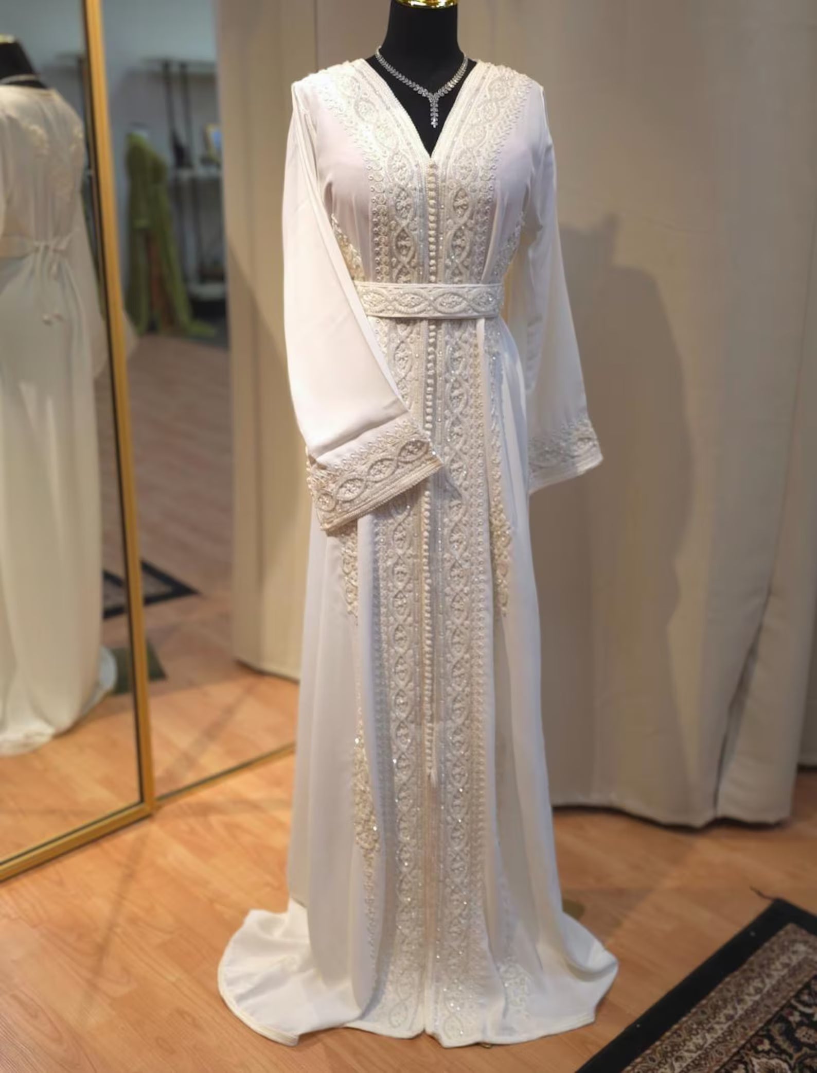 Off White Moroccan Caftan: Wedding Dress,Plain Embroidery, Elegant Abaya, Moroccan Caftan, Nikkah Dress, Price including USA Duties tariff
