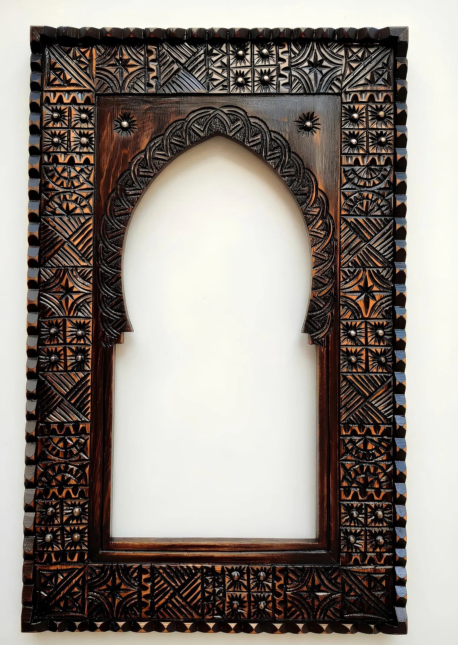 Handmade Moroccan Wooden Wall Mirror–Moroccan Brown Rustic Boho Frame, Carved Solid Wood, Artisan Home Decor, Statement Piece, Living Room.