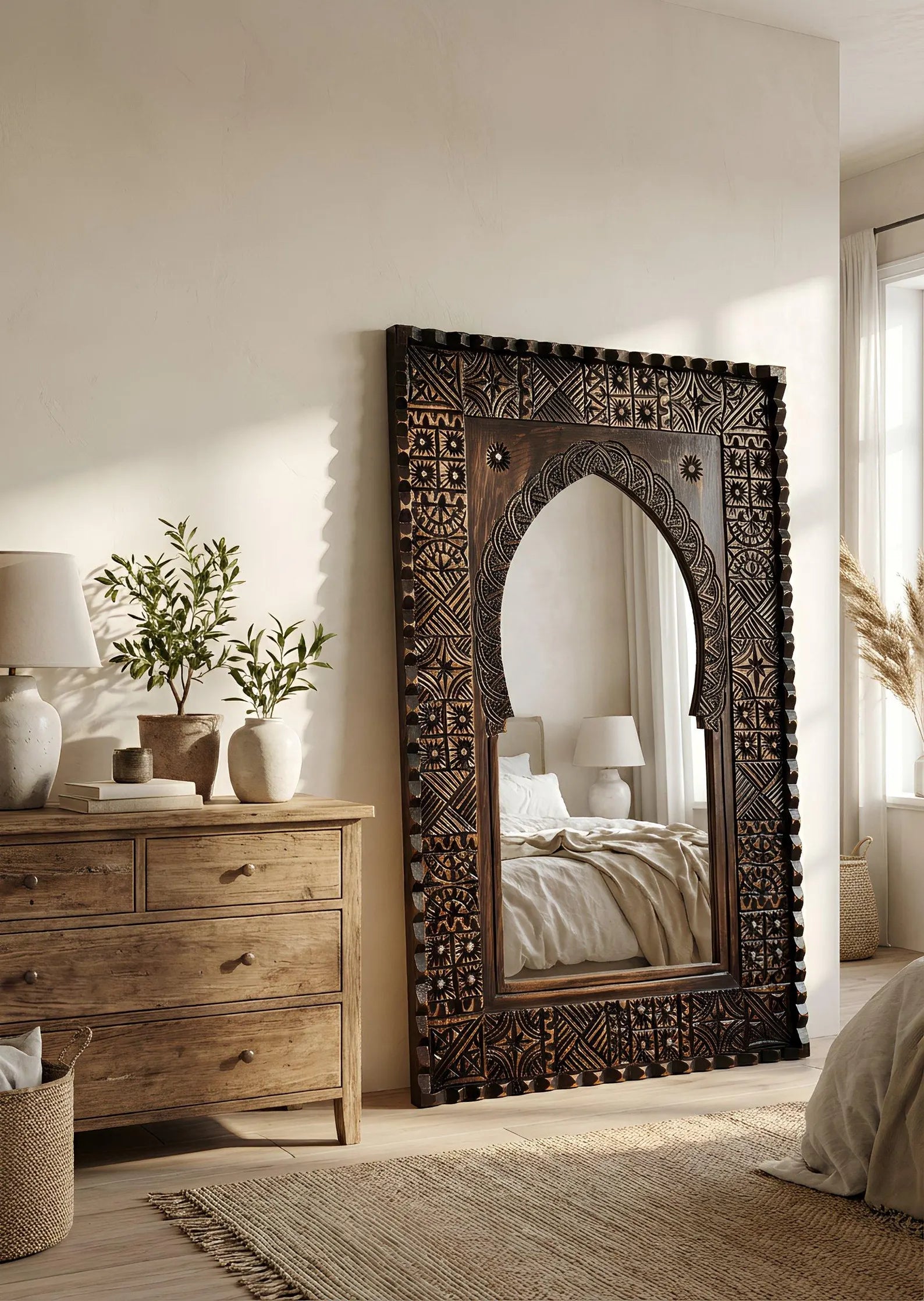 Handmade Moroccan Wooden Wall Mirror–Moroccan Brown Rustic Boho Frame, Carved Solid Wood, Artisan Home Decor, Statement Piece, Living Room.