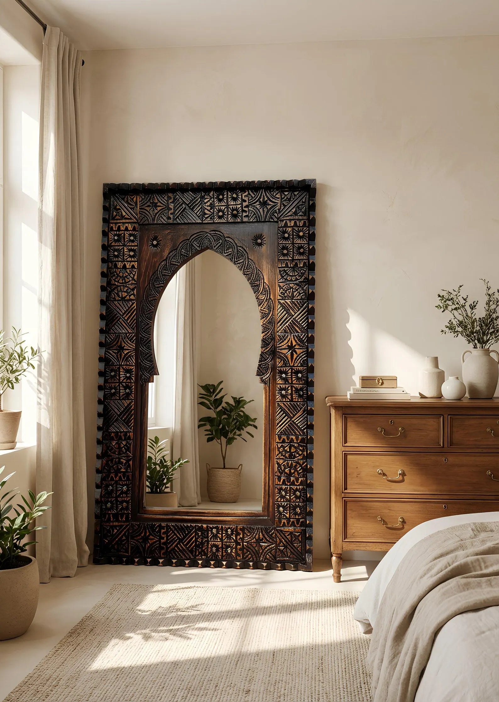 Handmade Moroccan Wooden Wall Mirror–Moroccan Brown Rustic Boho Frame, Carved Solid Wood, Artisan Home Decor, Statement Piece, Living Room.