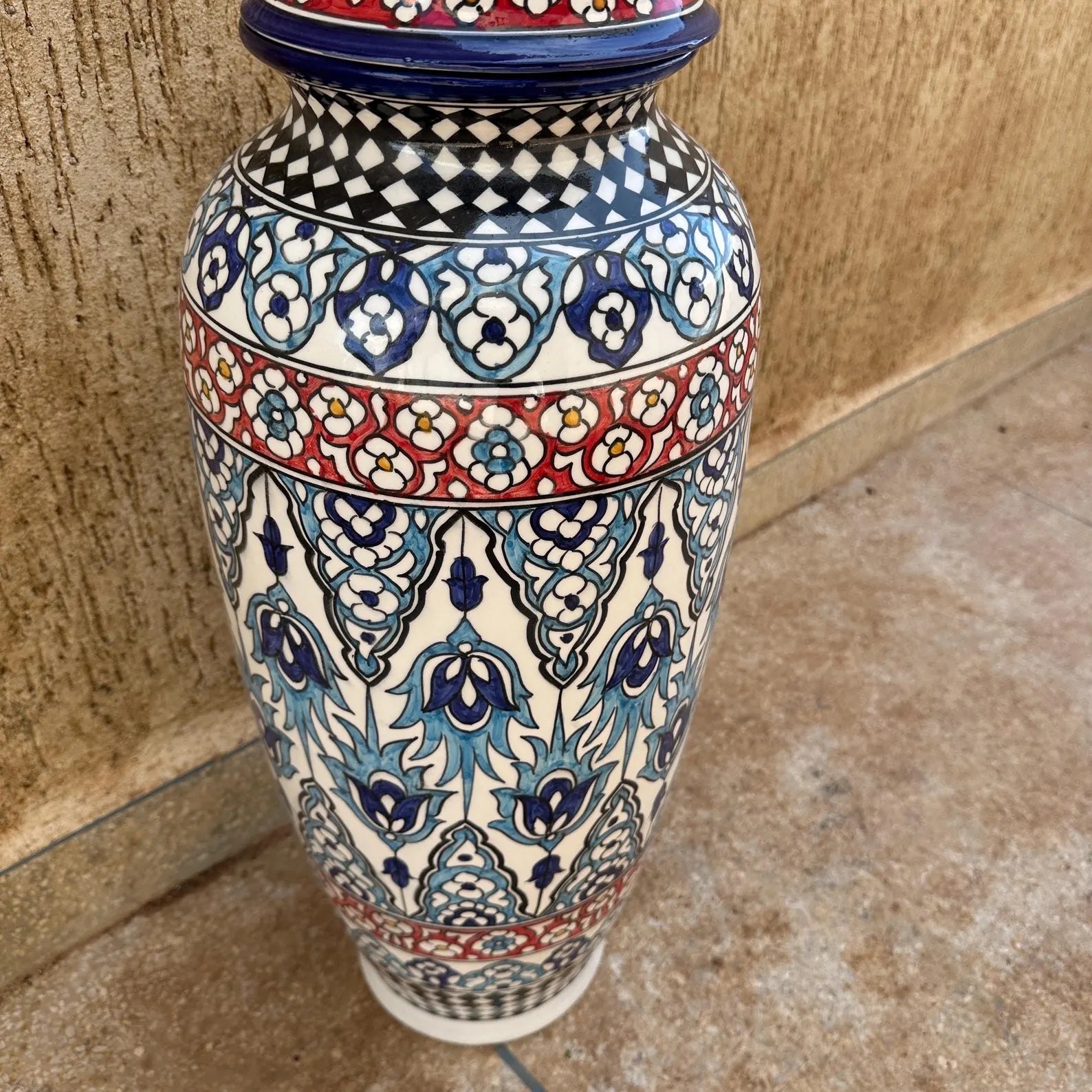 Hand-Painted Moroccan Ginger Jar, Blue White Ceramic Vase