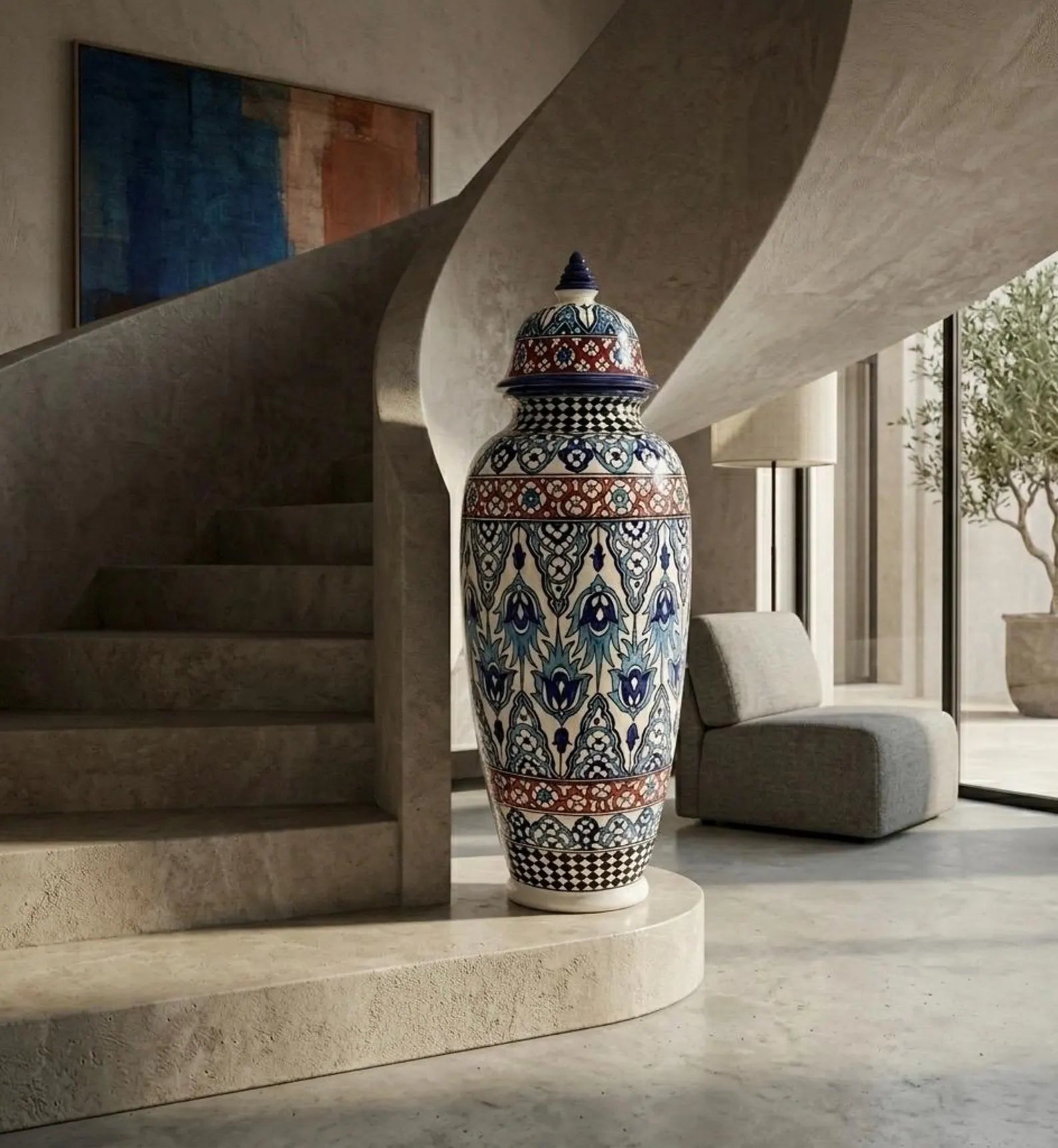 Hand-Painted Moroccan Ginger Jar, Blue White Ceramic Vase